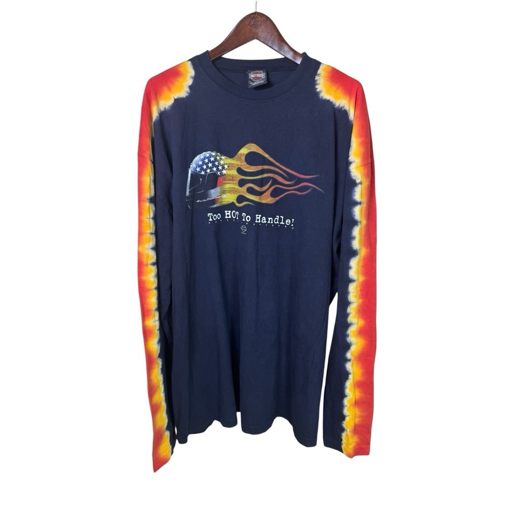 VTG Harley Davidson Shirt Size 2XL Long Sleeve Tie Dye Too Hot to Handle Flames